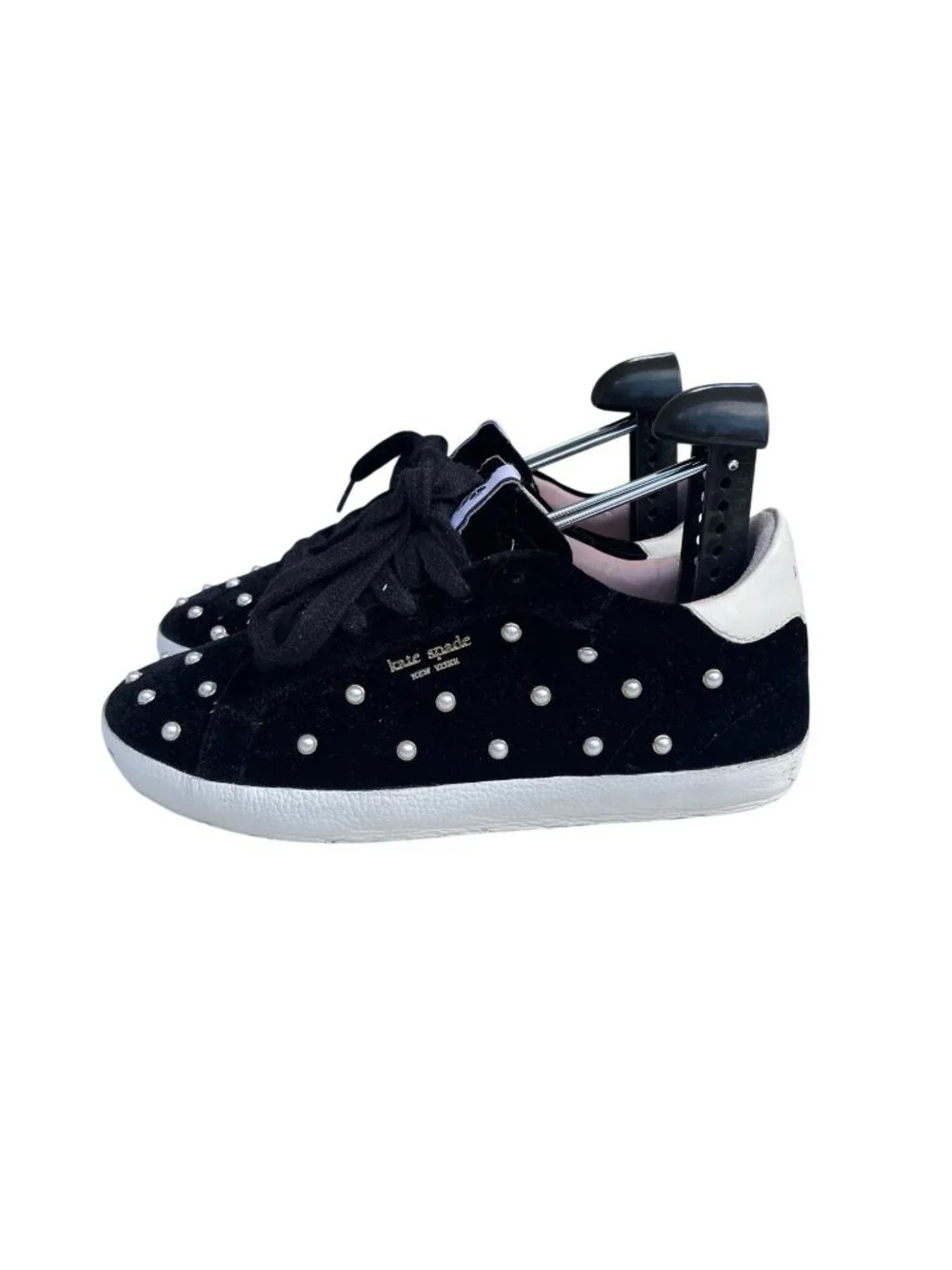 Kate Spade Black Velvet Sneakers With Pearl Embellishments Womens Size 7.5